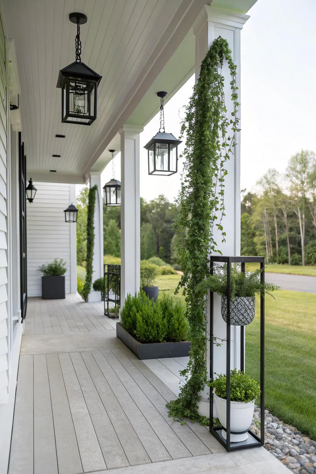 Minimalist accessories enhance the modern vibe of a porch.