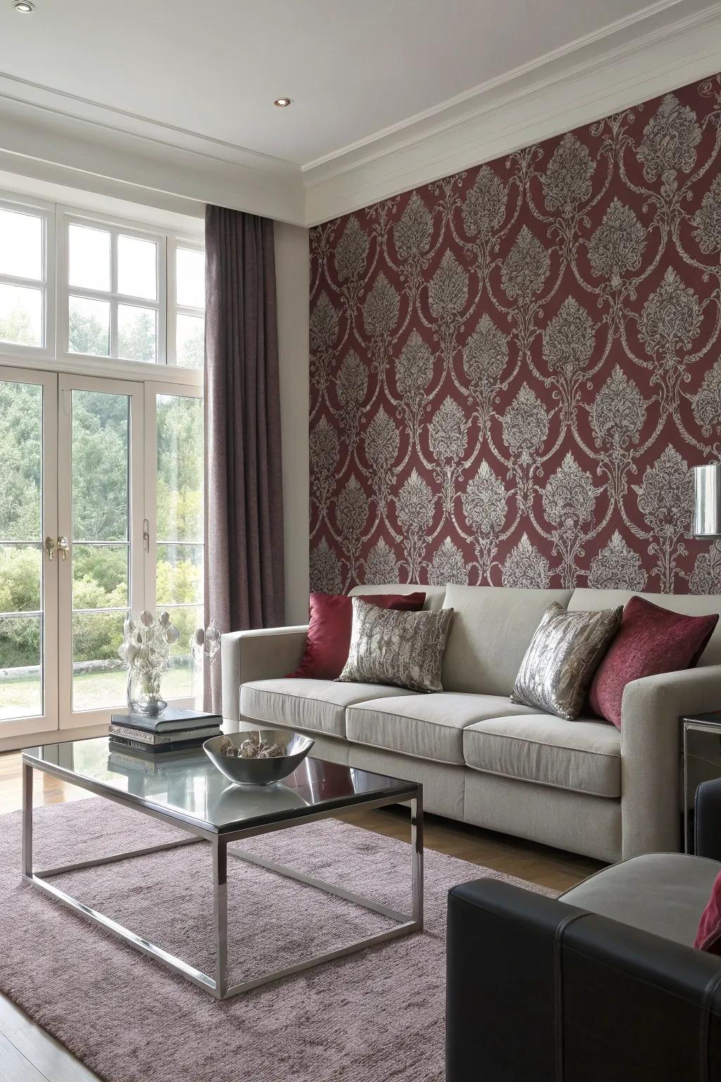 A living room showcasing patterned wine-red and grey wall covering.