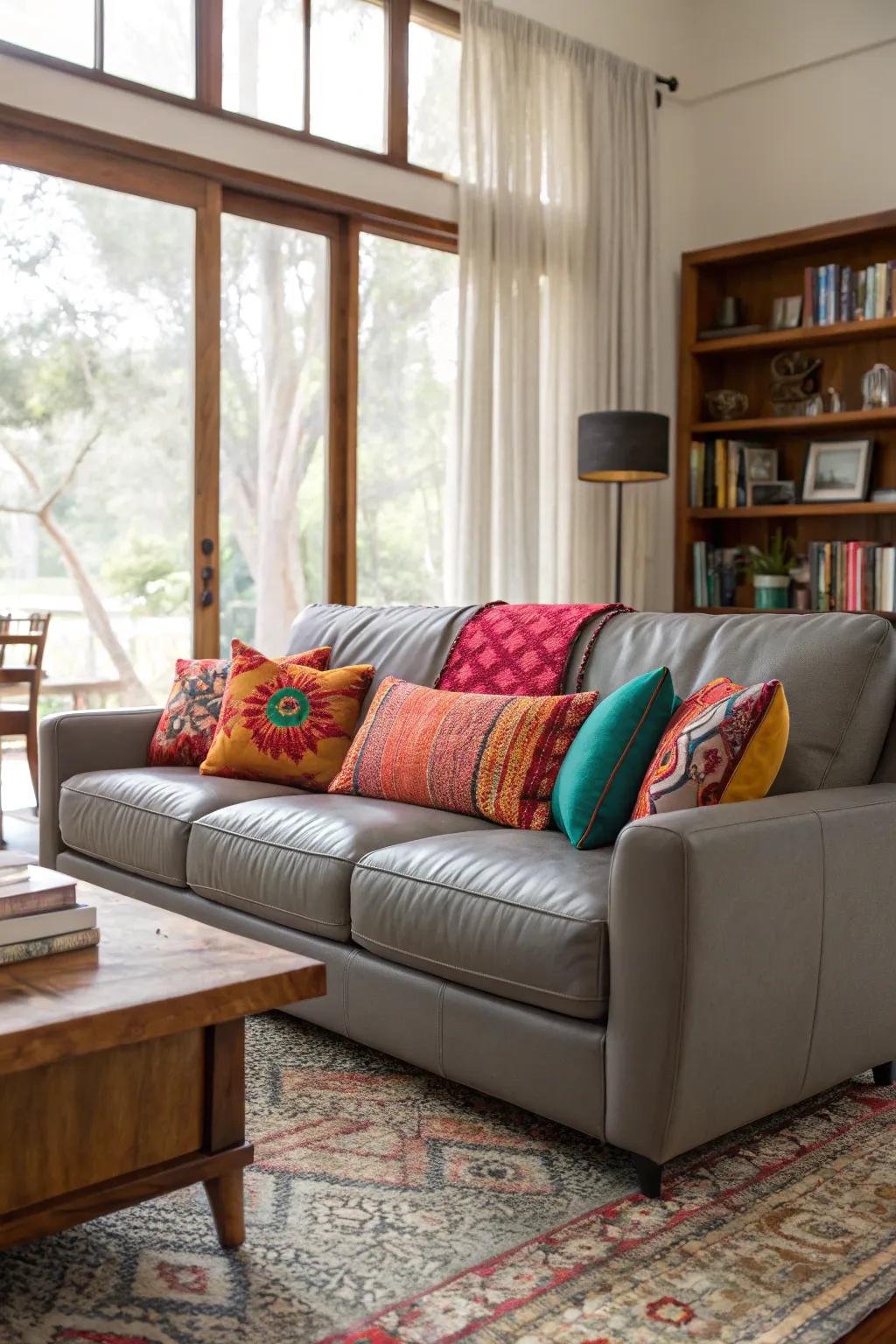 Audacious hue features fashioning a dynamic contrast in a contemporary family room.