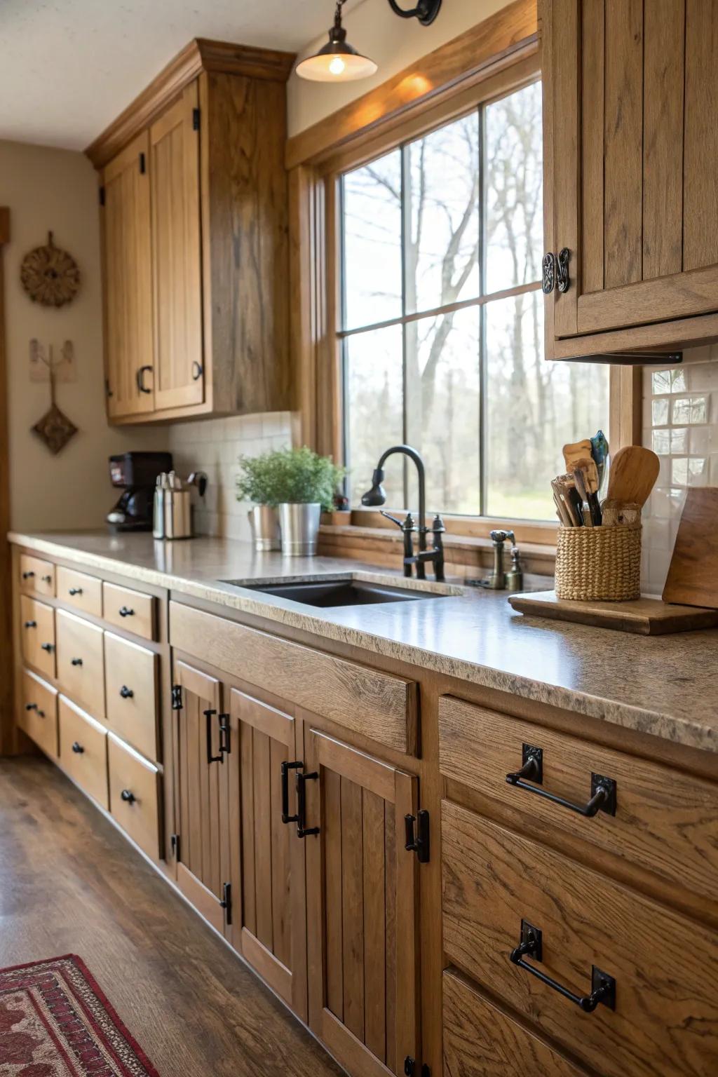 Vintage accents add timeless charm to hickory cabinets.