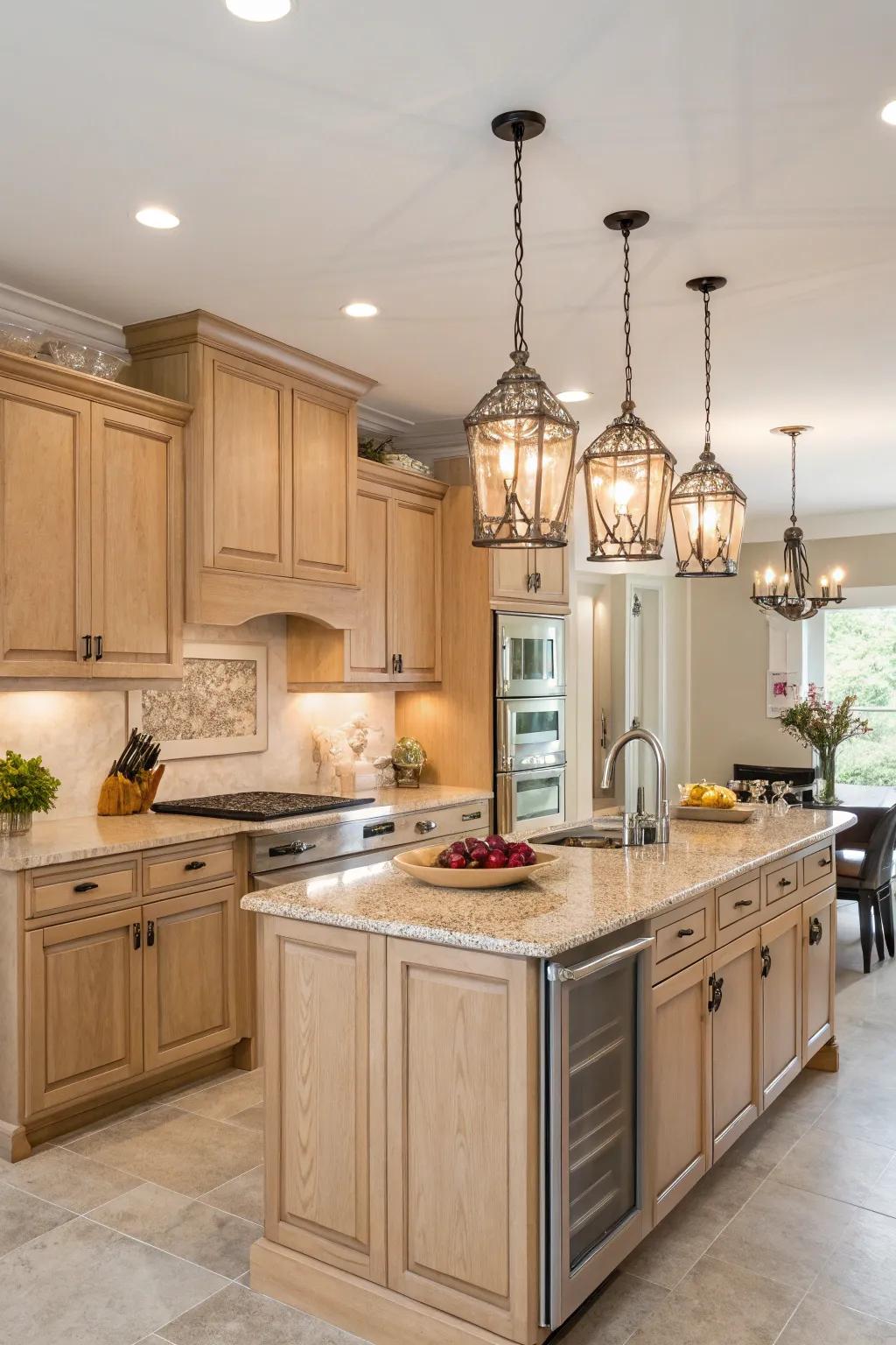 Pendant lighting adds a touch of elegance to a kitchen with light maple cabinets.