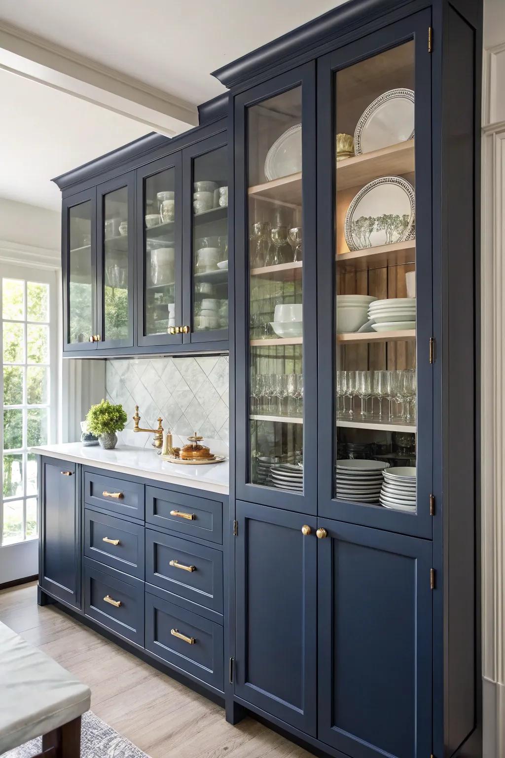 Glass doors lighten the appearance of deep sea kitchen cabinets, adding transparency.
