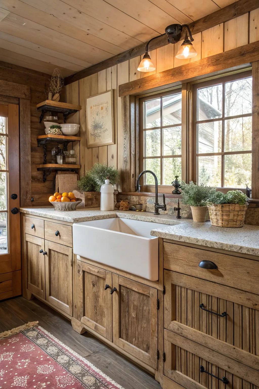A farmhouse sink adds vintage charm to this modern rustic kitchen.