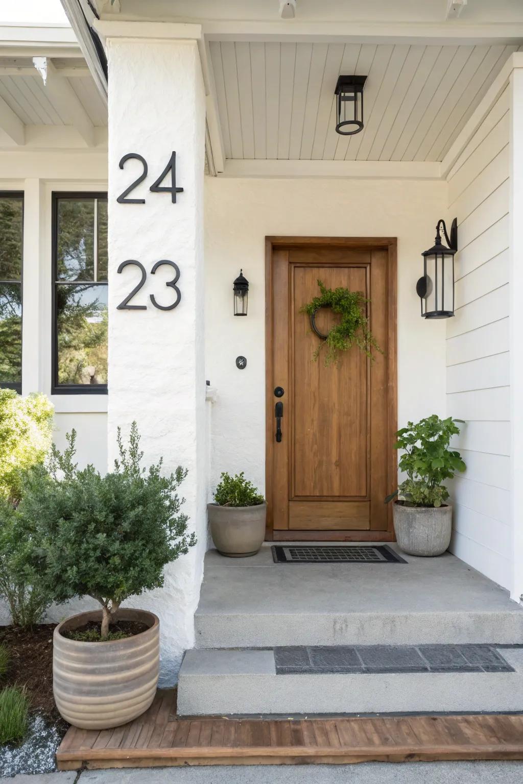 A small front porch with sleek, minimalist house numbers for a modern touch.