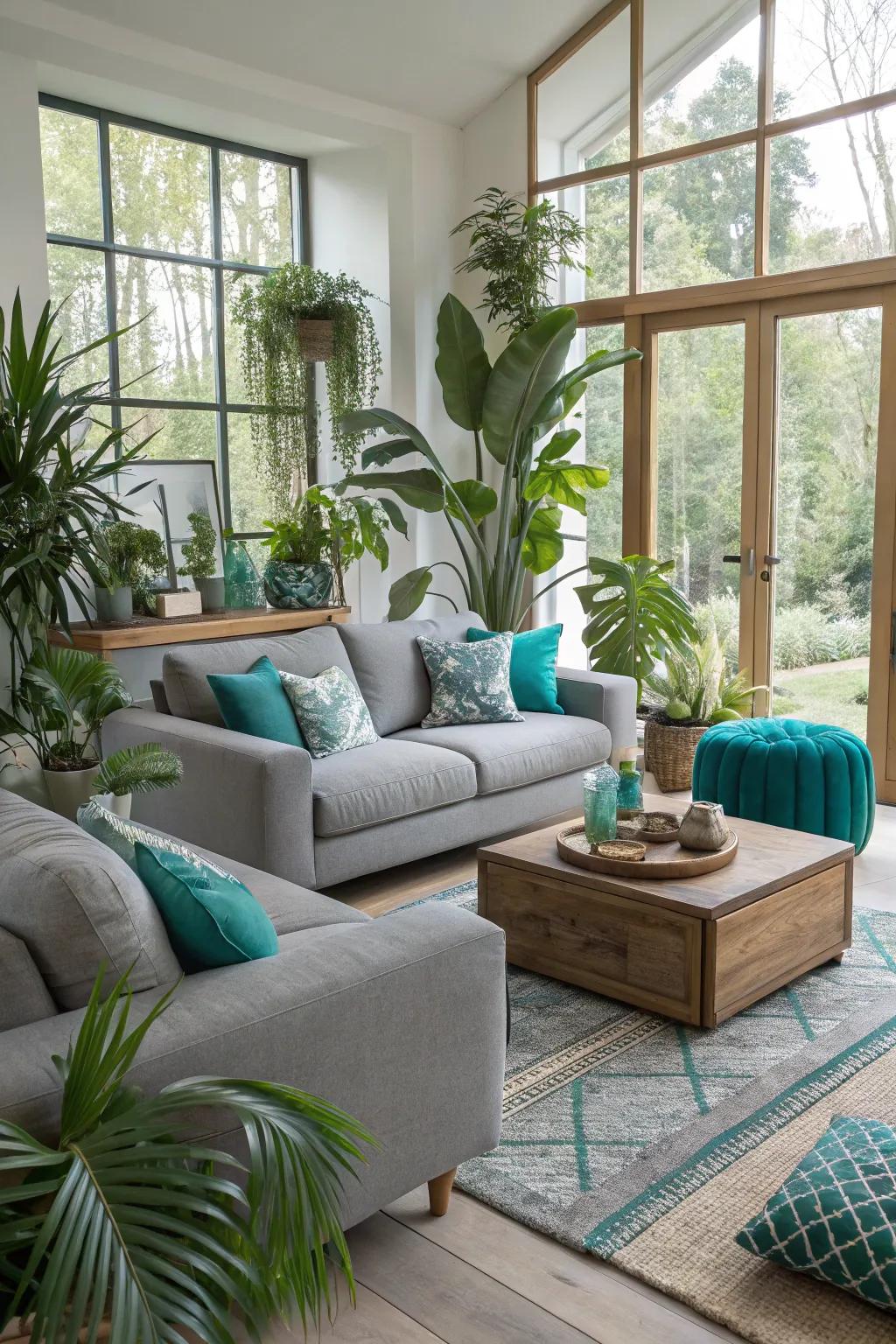 Greenery adds freshness to a teal and grey living room.