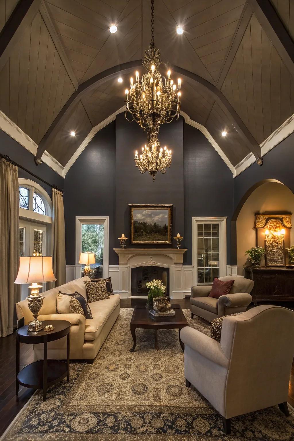 Deep ceilings establish a dramatic and intimate vibe within this contemporary living room.