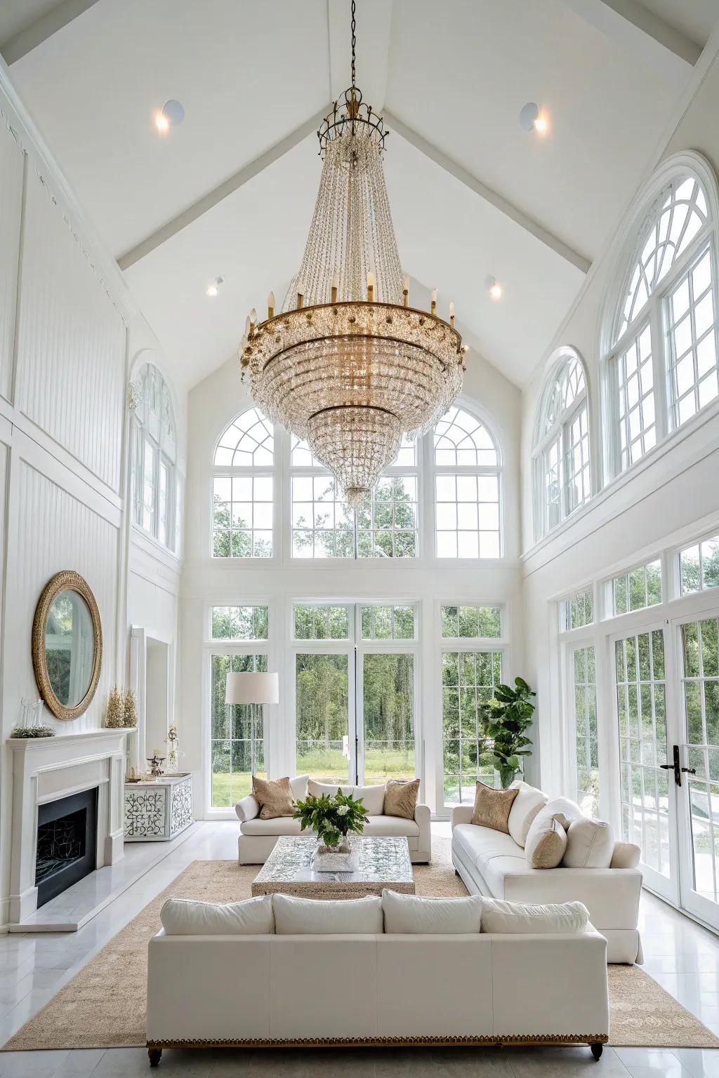 A statement chandelier adds elegance to a modern white living room.