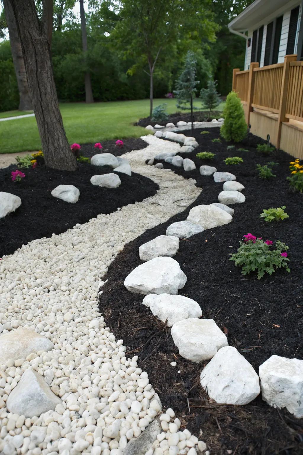 A garden displaying a striking juxtaposition of alabaster stones against charcoal fiber, enriching visual appeal.
