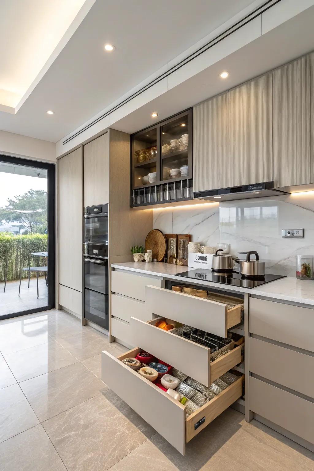 Keep your kitchen free of clutter by using concealed storage systems.