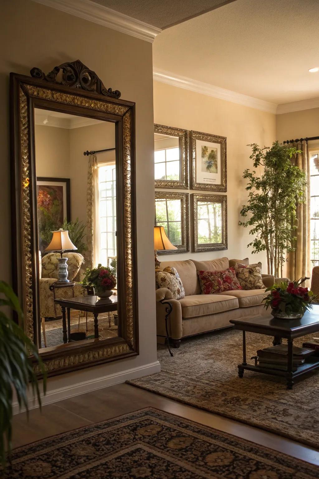 Reflective facets enhancing light in a dimly lit living room.