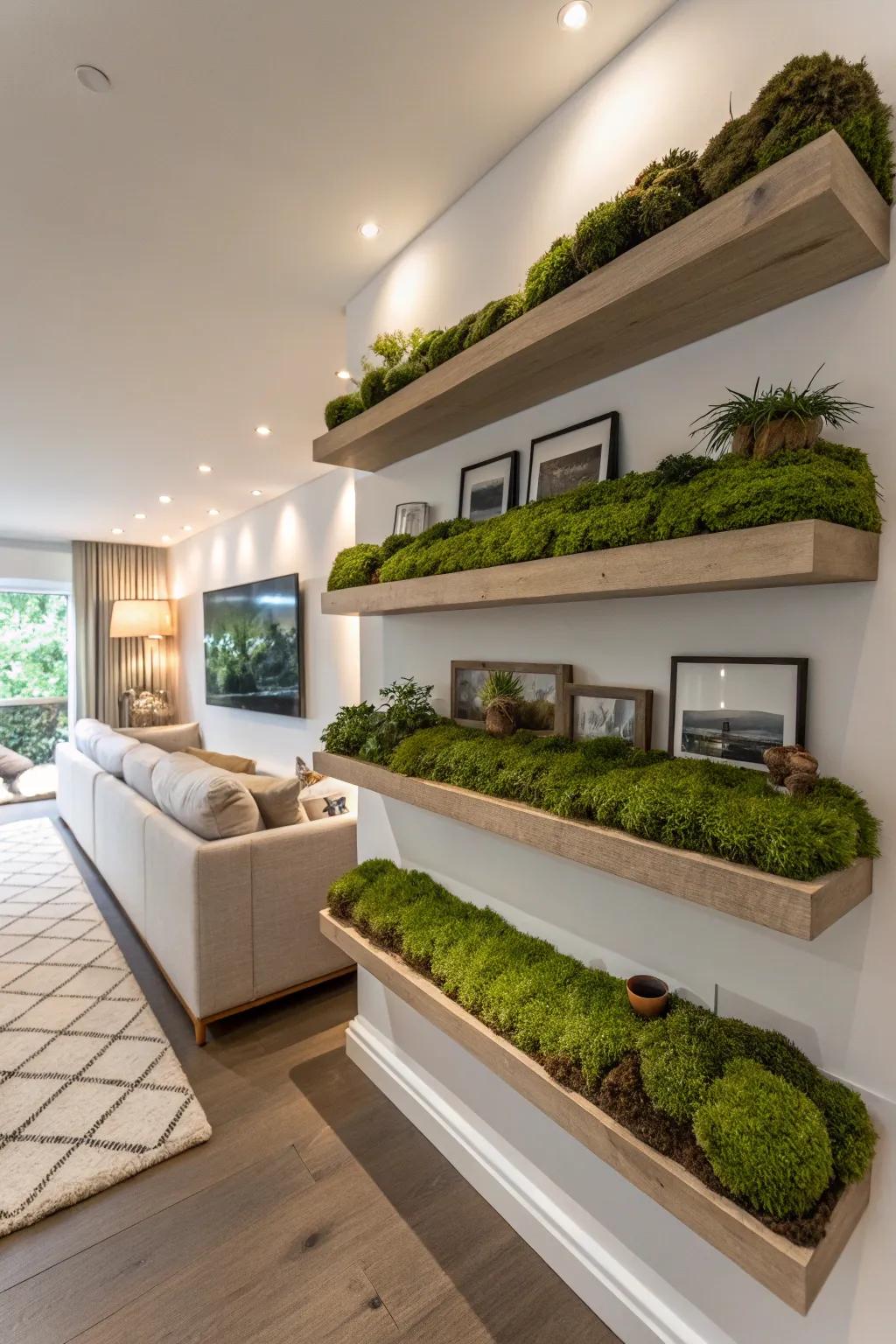 Floating moss shelves offer a unique and modern decorative solution.