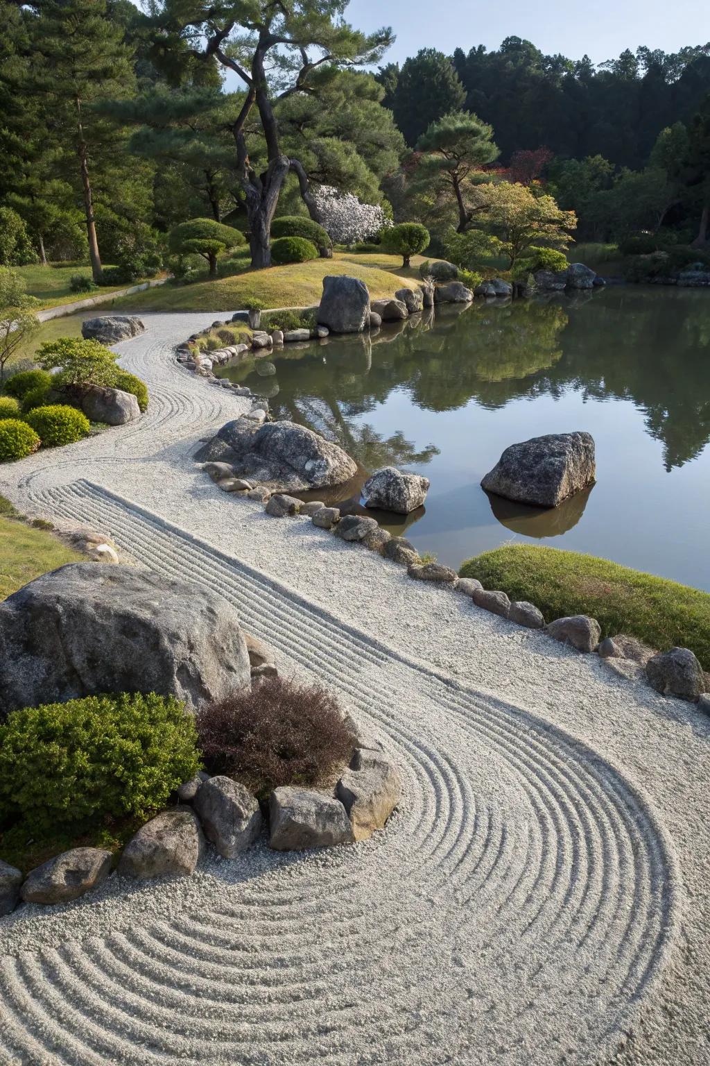 A Zen garden feature adding tranquility to a pond setting.