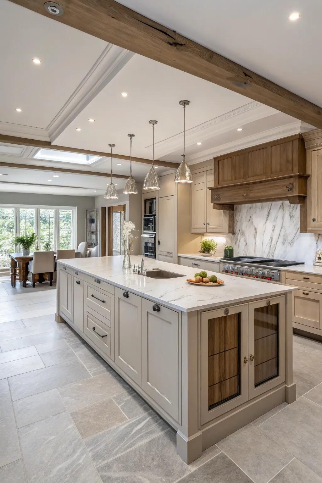 An open layout enhances the spacious feel of a neutral kitchen.