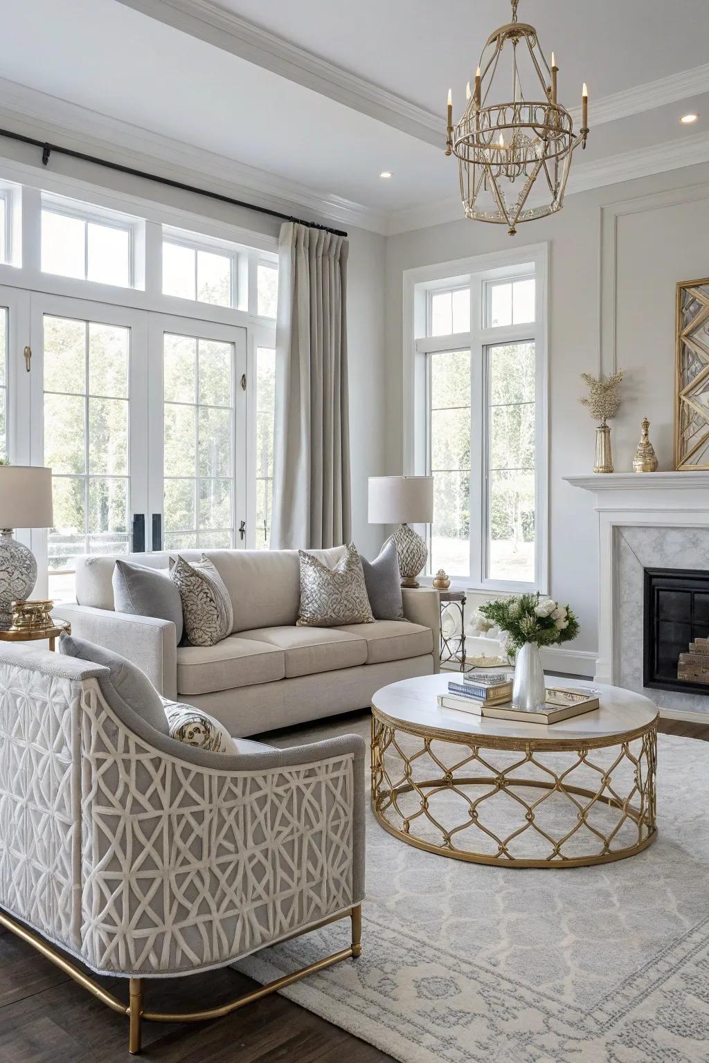 Mixed metal accents add a contemporary twist to a neutral living room.