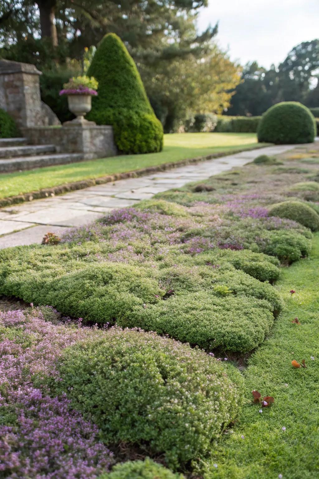 A stunning, minimal-upkeep ground cover of creeping thyme.