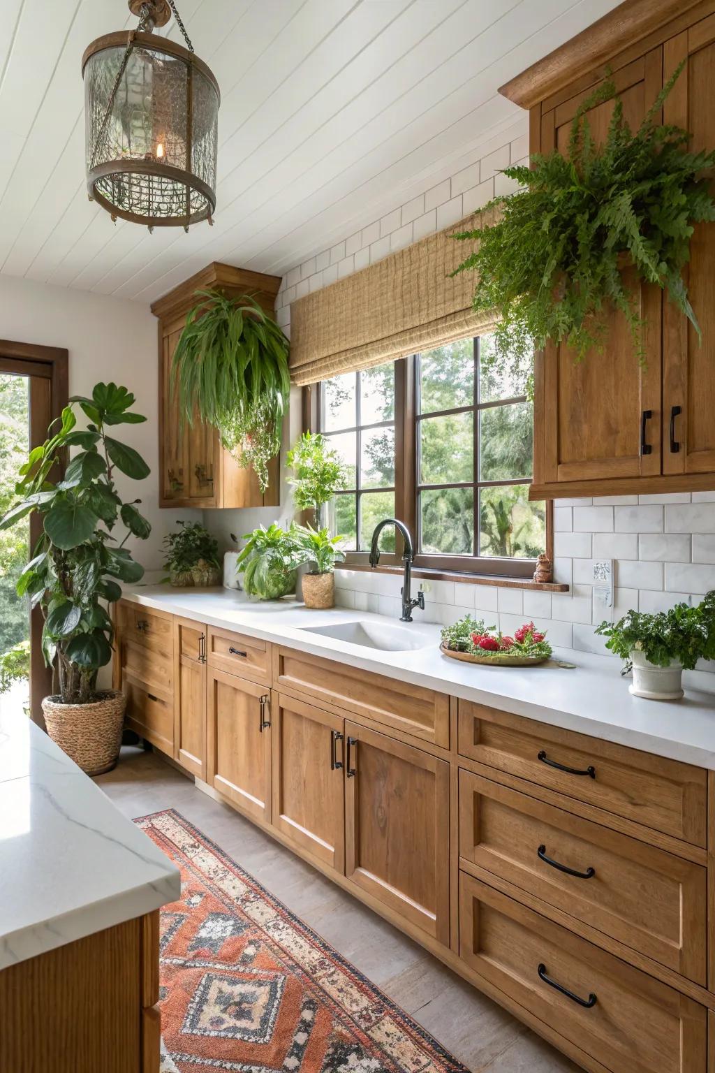 Greenery adds a natural touch to the oak and white kitchen.