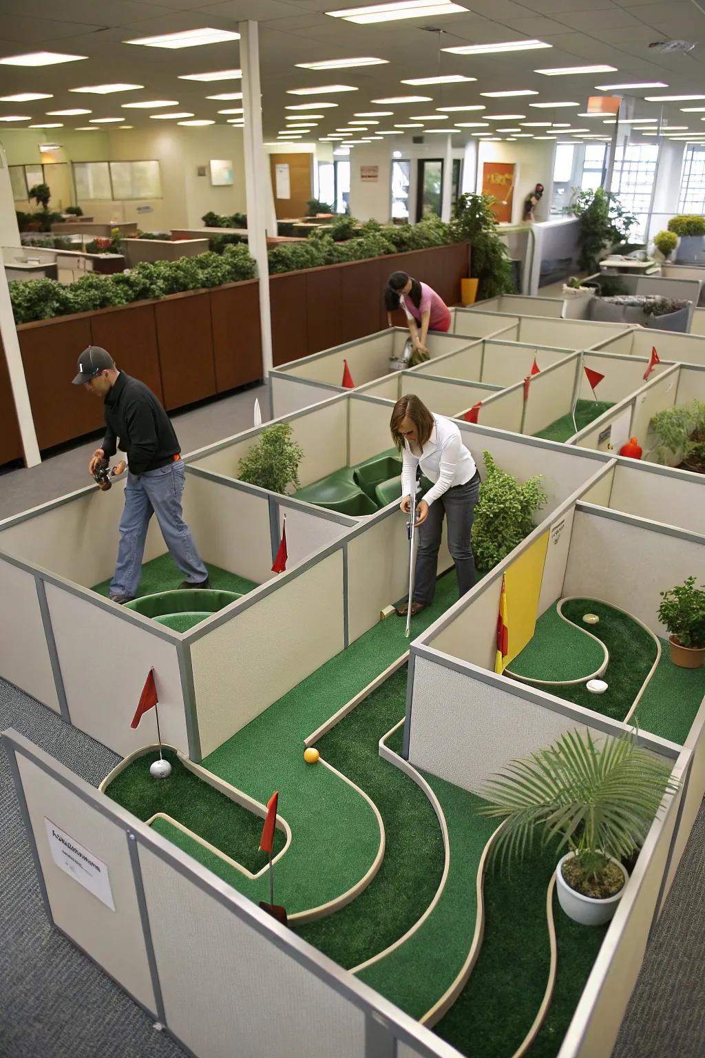 Navigate the cubicle maze for a strategic game.