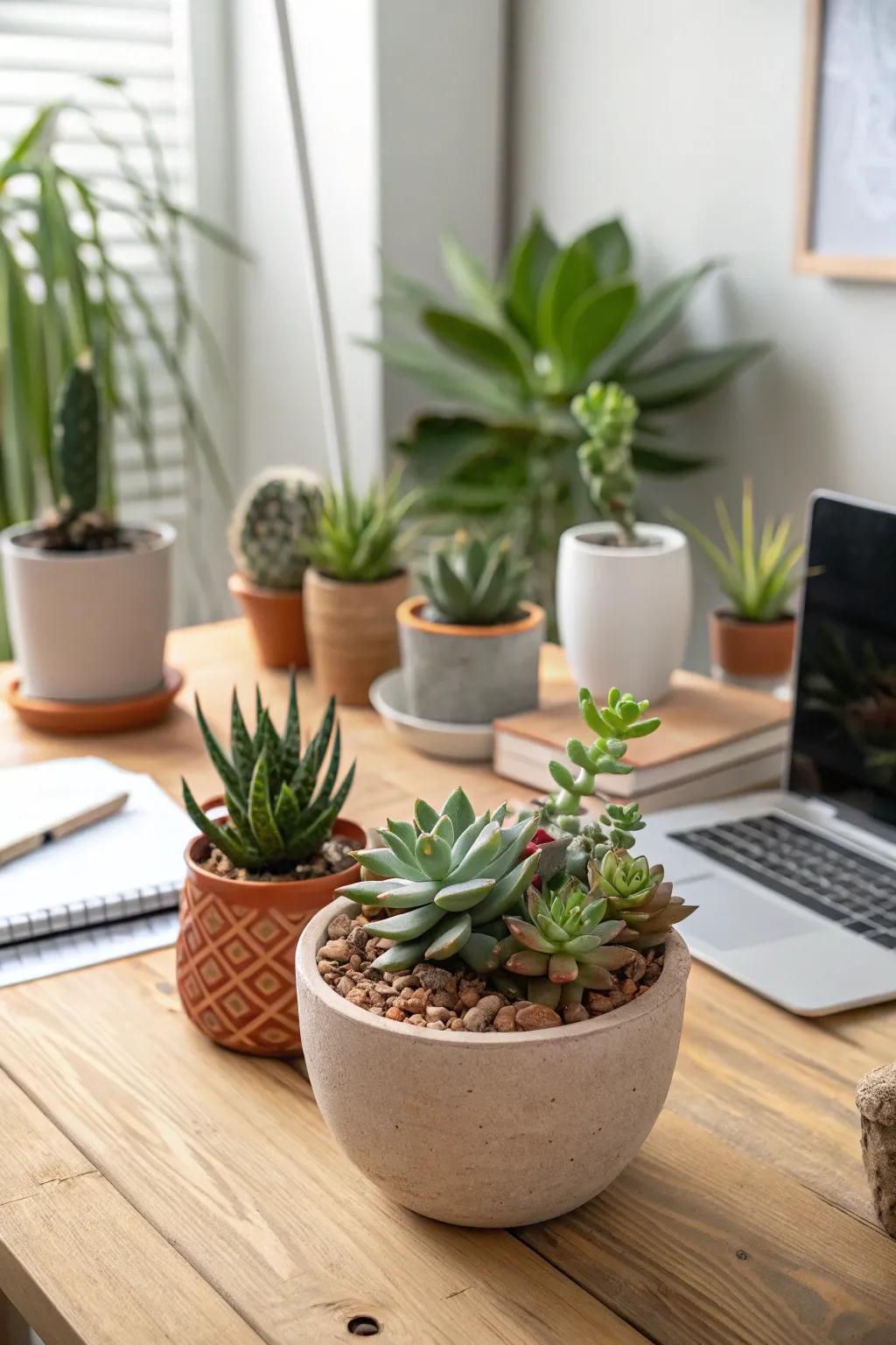 Craft a small-scale jungle on your desk with a succulent mix, providing a delightful and easy-to-care display.