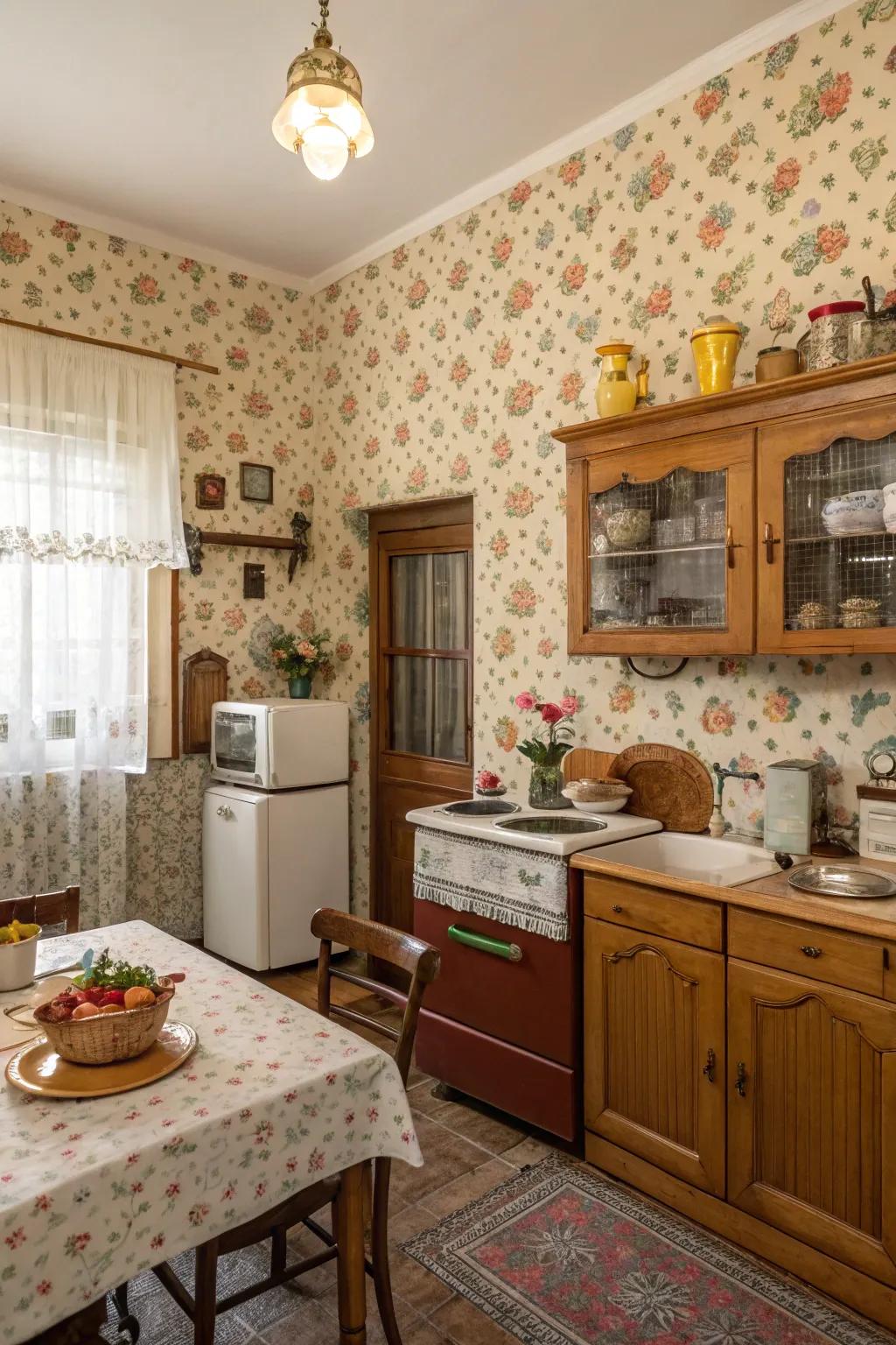 Vintage wallpaper introduces color and historical charm.