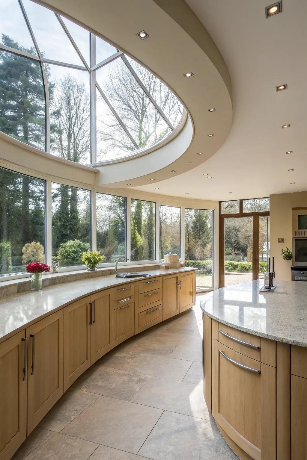 Curved elements add a soft elegance to the kitchen design.