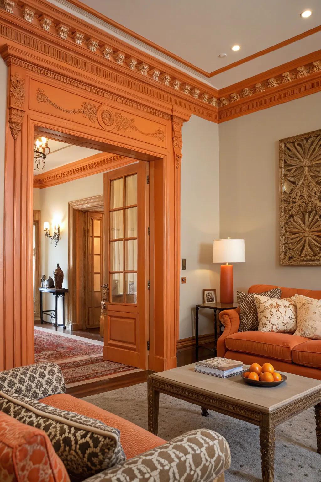 Orange accents highlight the structural features, injecting a contemporary accent.