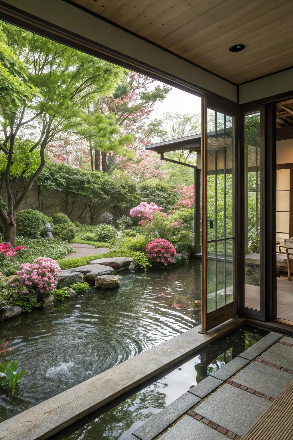A calming water feature adding serenity to a garden room.