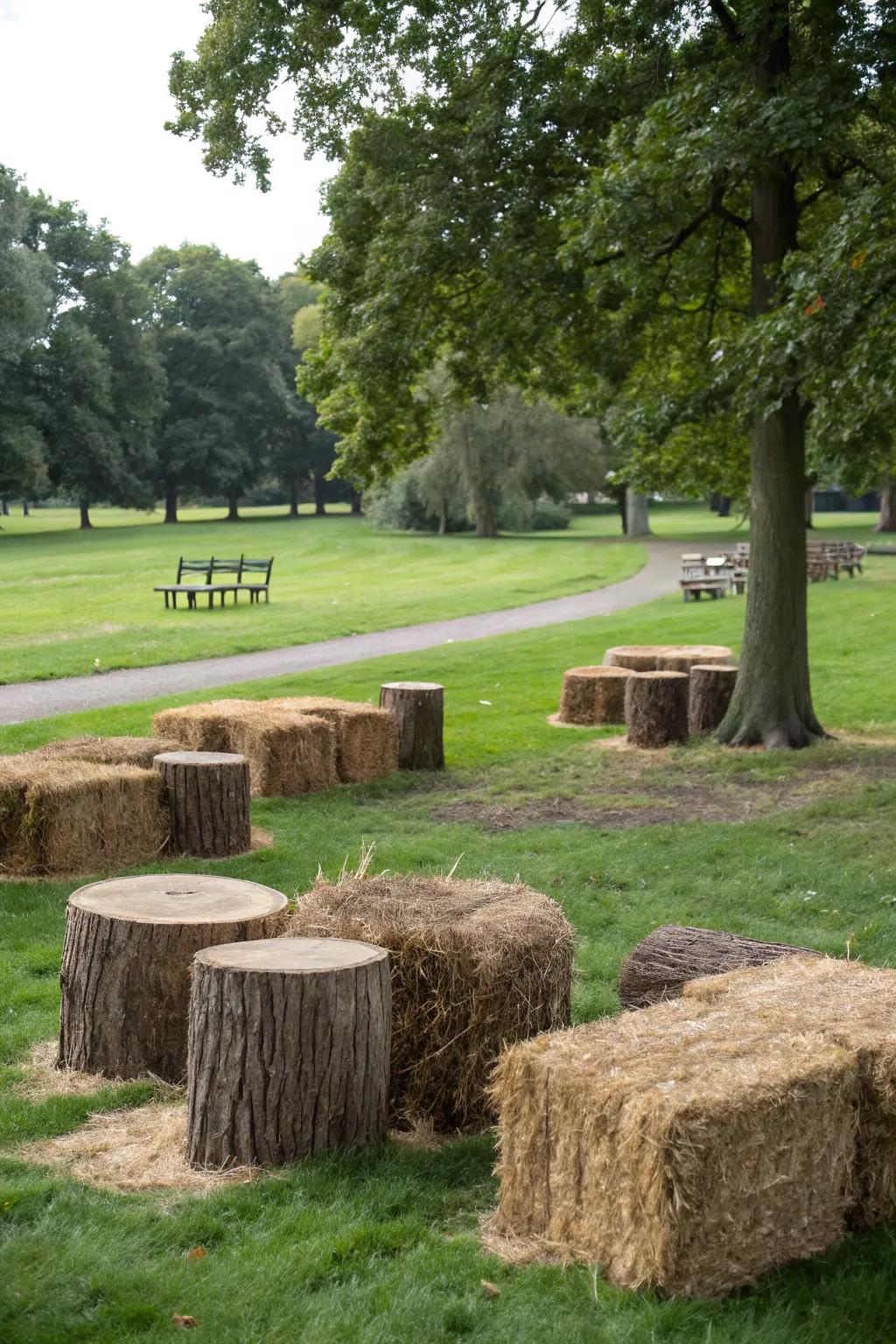Rustic seating arrangements enhance park events with charm and originality.