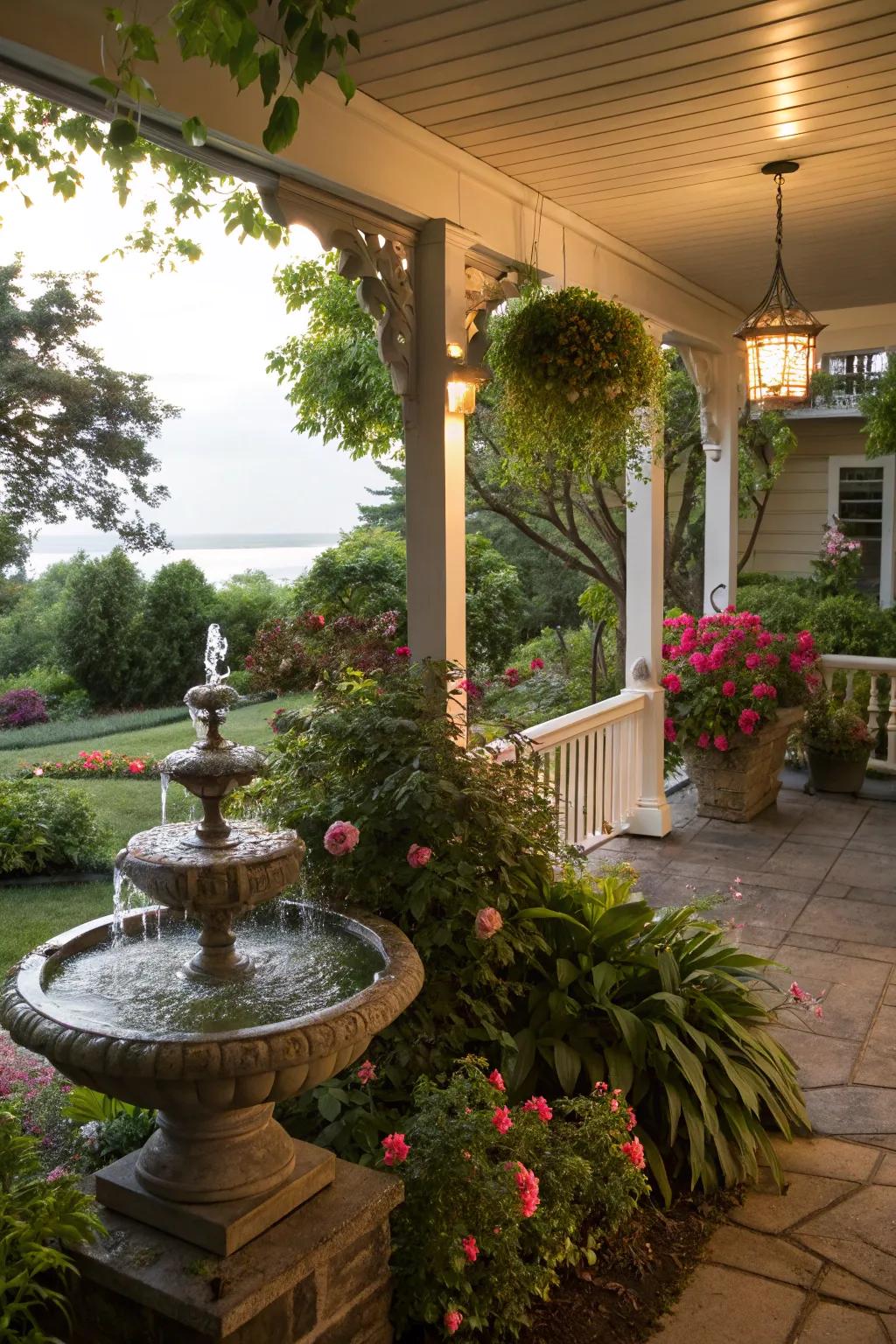 A small water feature adds a serene touch to this relaxing porch.