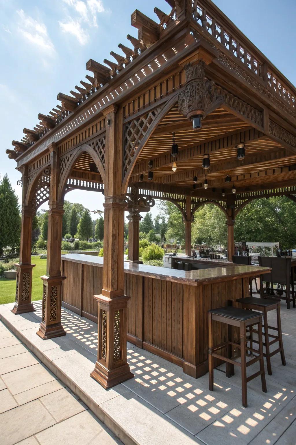 Elevate your outdoor sports bar with a pergola that combines shade, style, and craftsmanship.