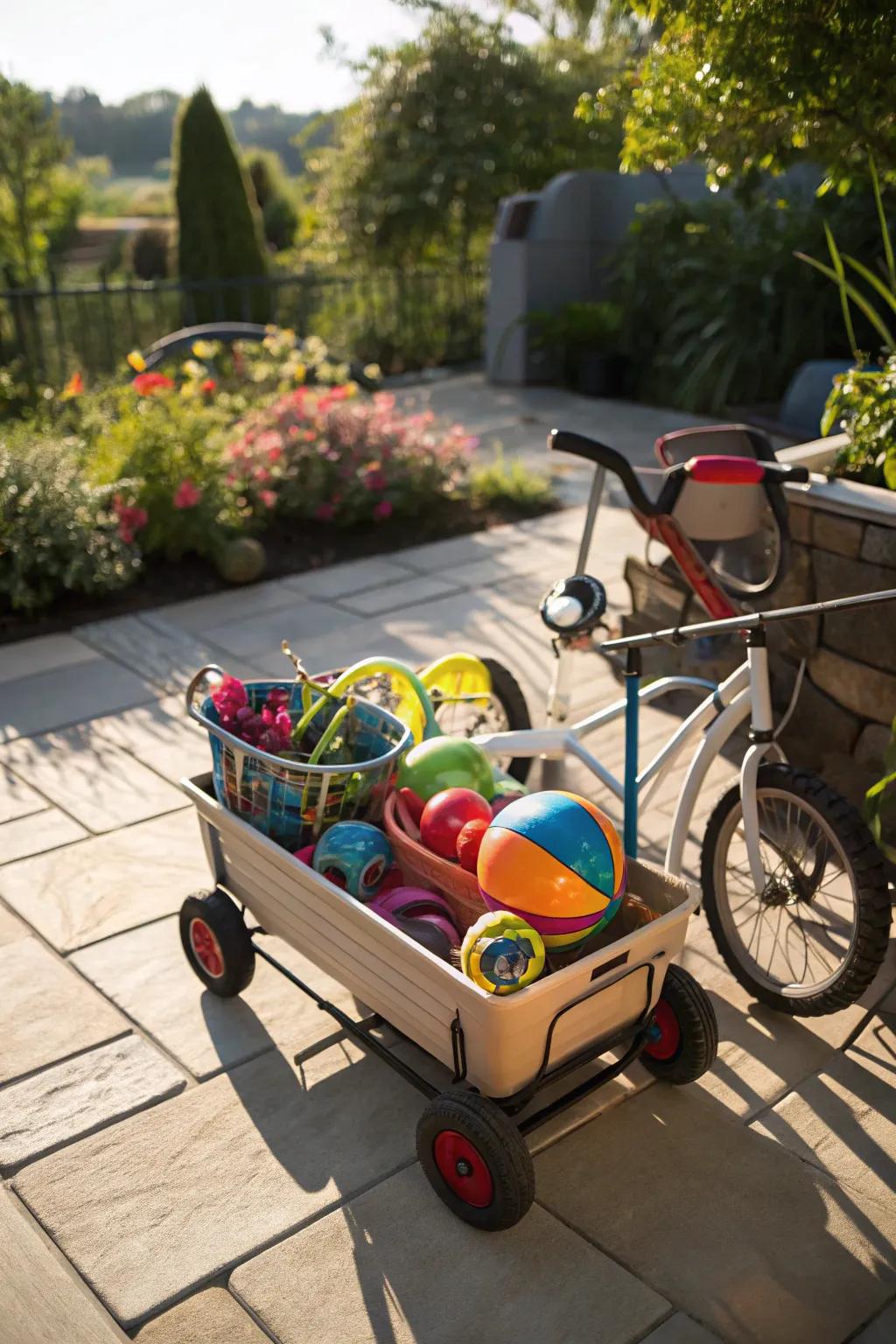 Rolling carts provide flexible storage for outdoor play areas.