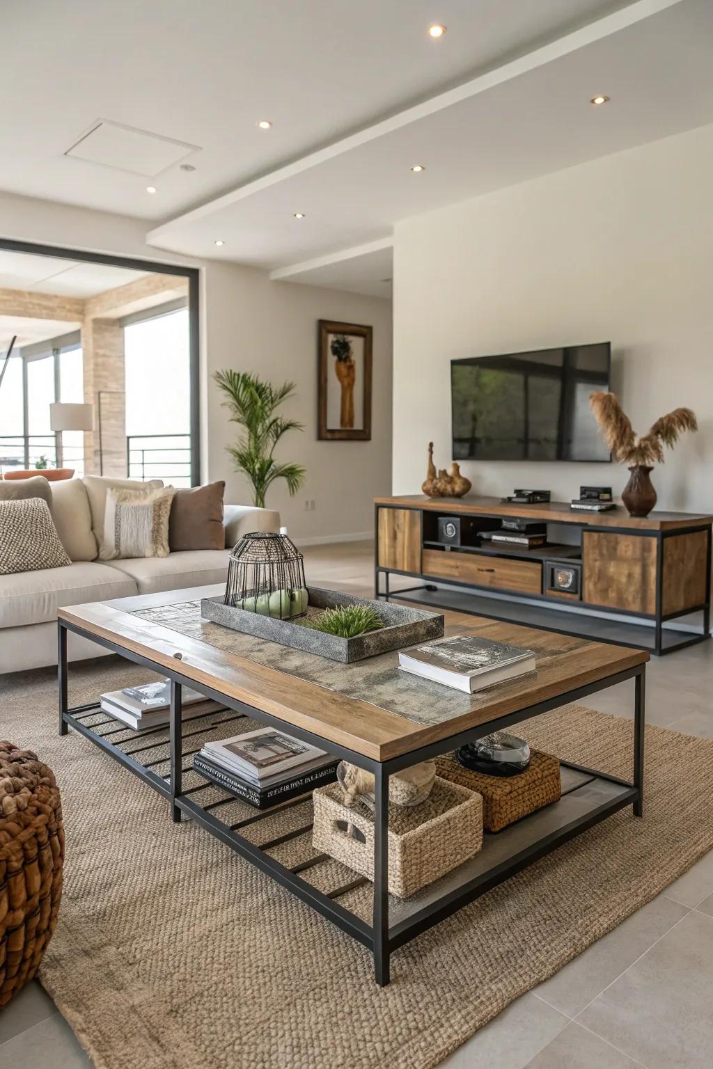 Textural contrast on a coffee table adds depth and interest to the decor.