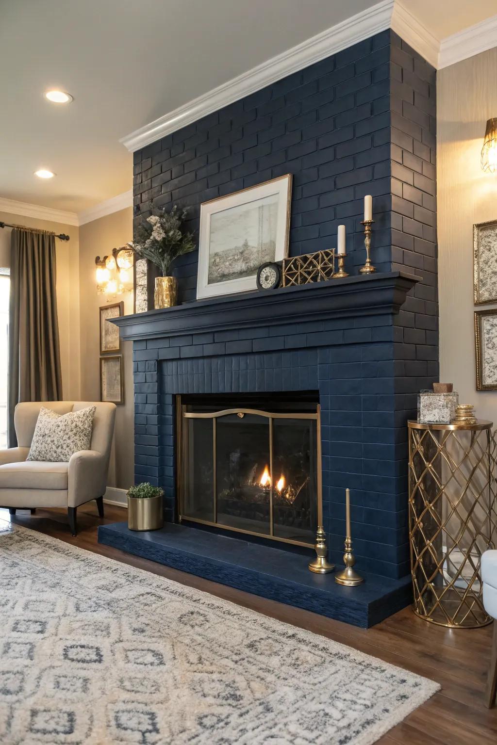 A navy blue-painted fireplace adding dimension and sophistication.