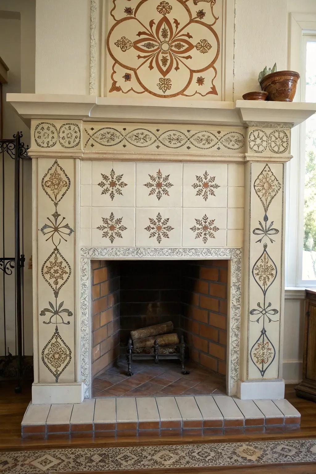 Stenciled designs personalize your fireplace with artistic flair.