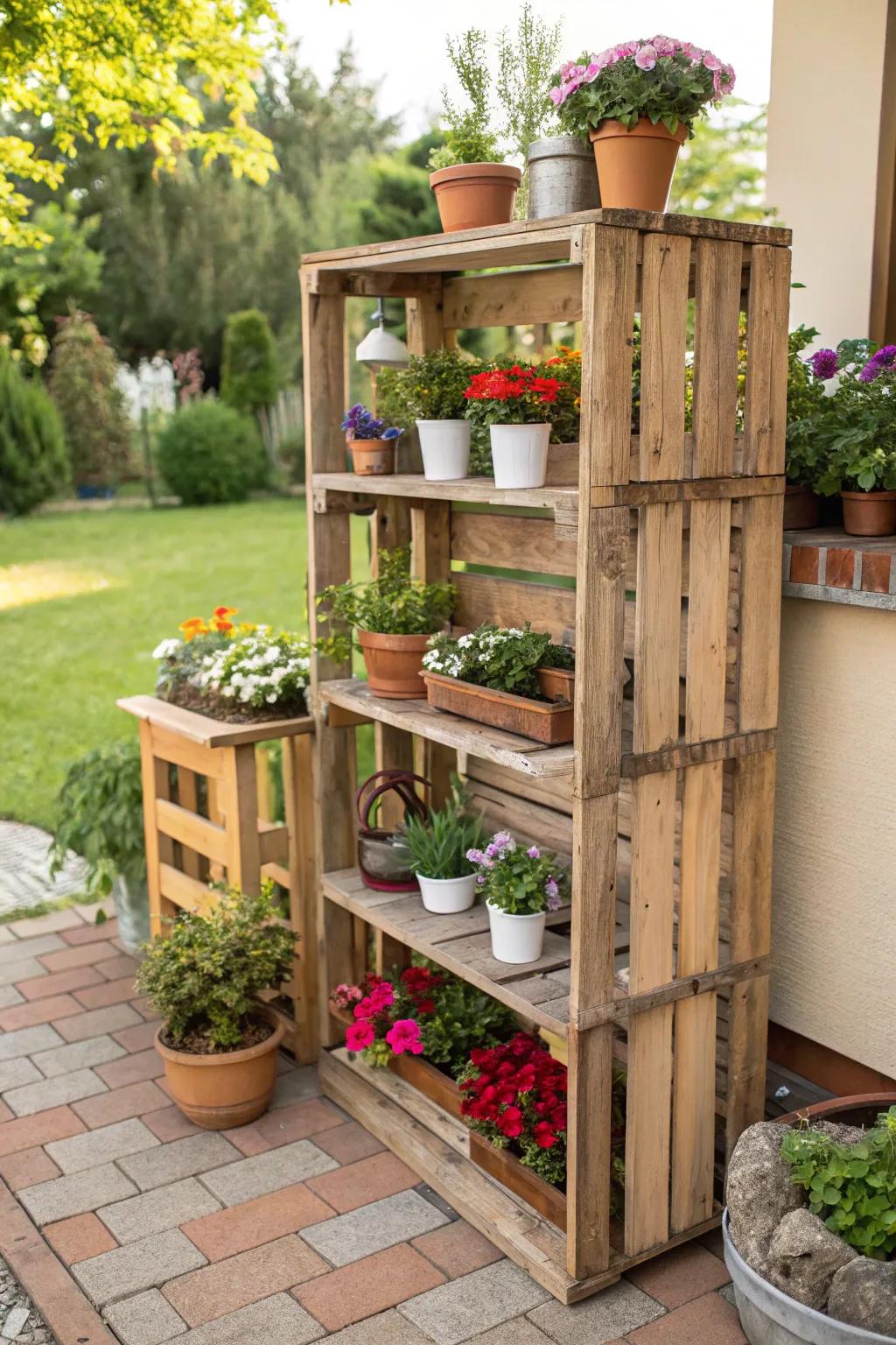 Transform your garden with this refined pallet shelving unit, perfect for showcasing your favorite plants and decor.