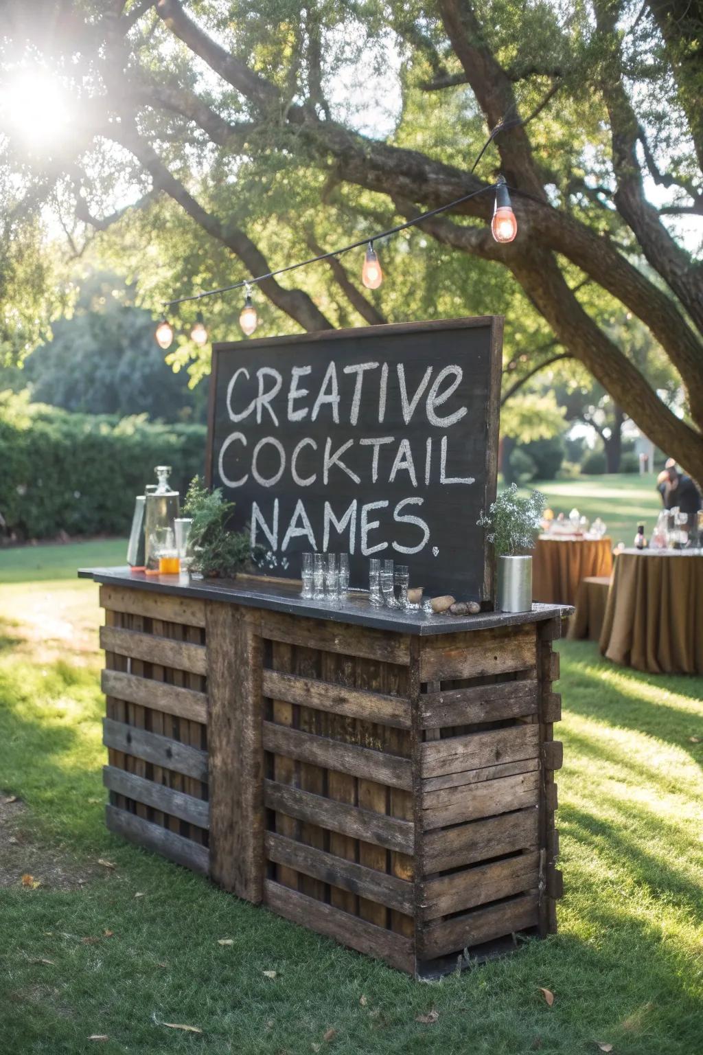 Elevate your outdoor gatherings with a handcrafted pallet bar featuring a stylish chalkboard menu.