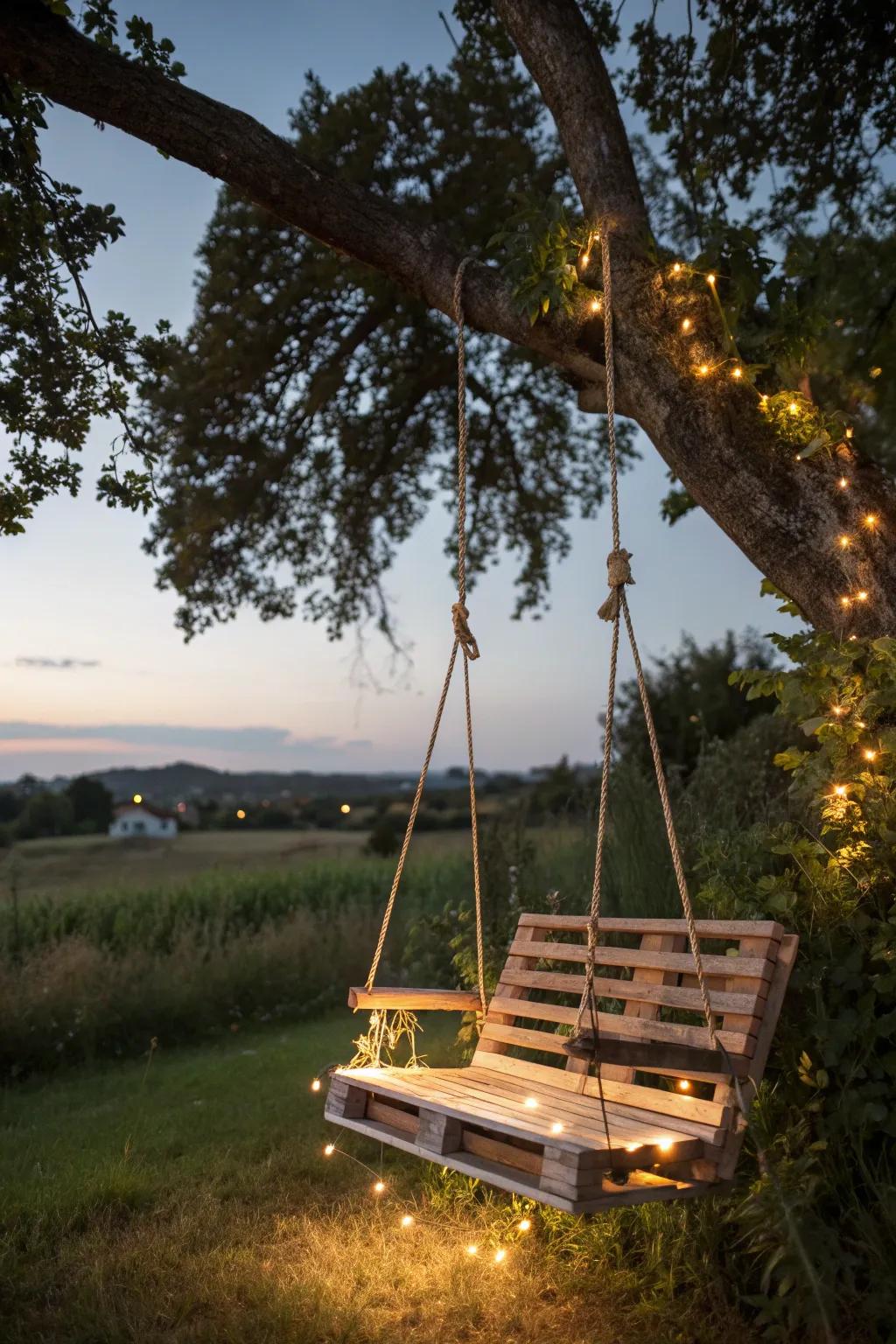 Step into a fairy tale with this enchanting pallet swing, where craftsmanship meets whimsy.