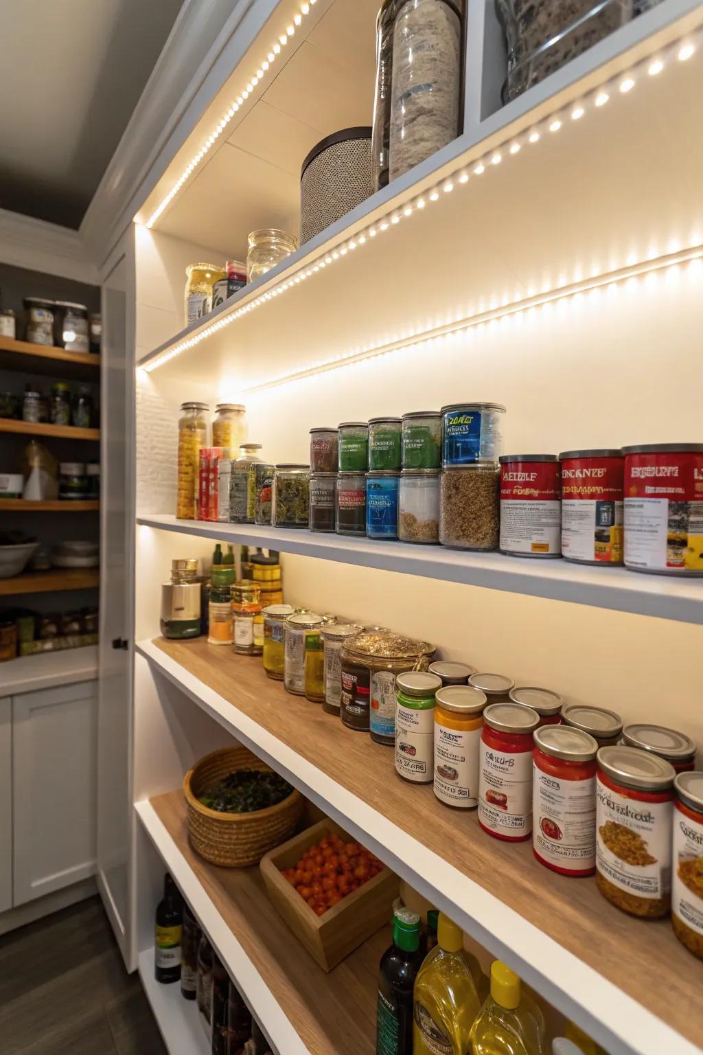 A pantry featuring integrated LED lighting that provides a luxurious glow.