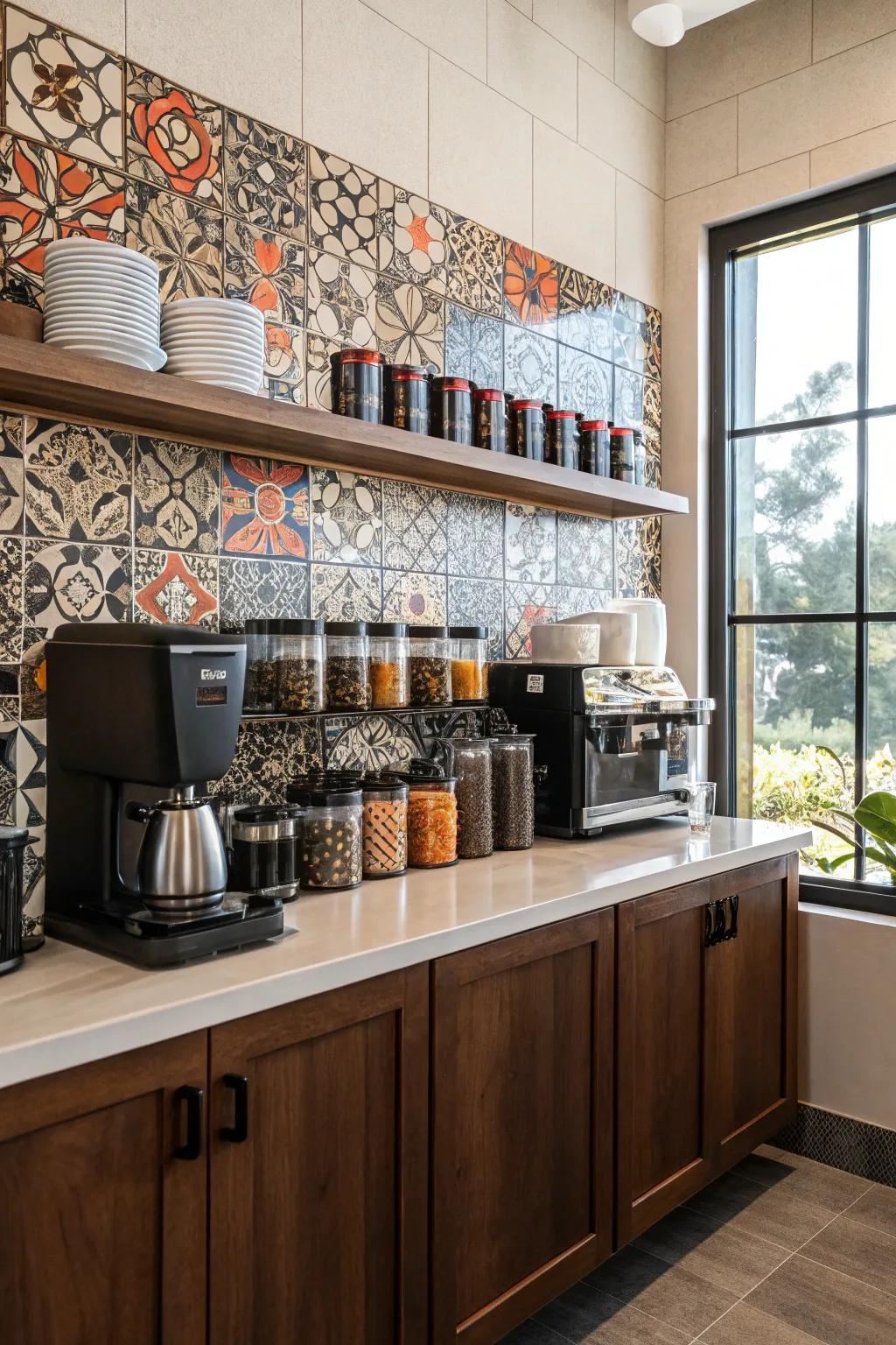 A vibrant accent wall makes a dramatic statement in a coffee bar.