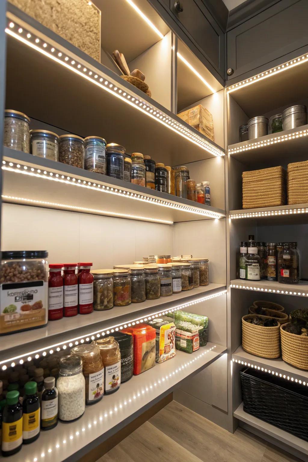 Effective lighting not only improves visibility but also adds a stylish touch to your pantry.