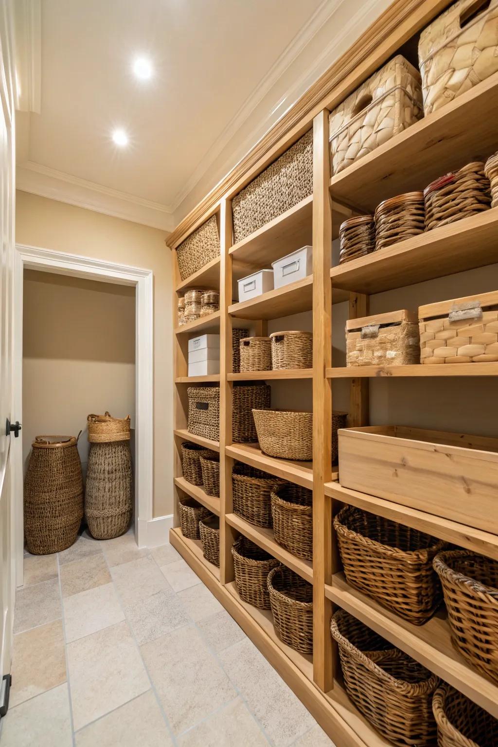 A warm beige pantry that feels inviting and cozy.
