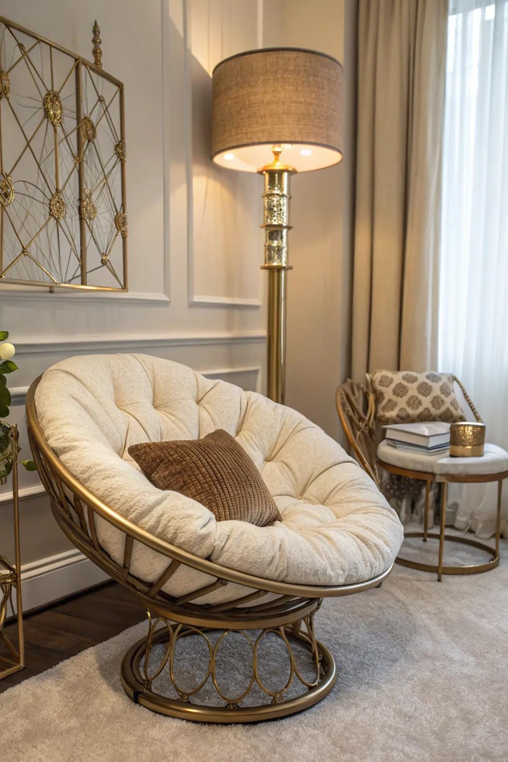 Glamorous touches elevate the papasan chair’s charm.