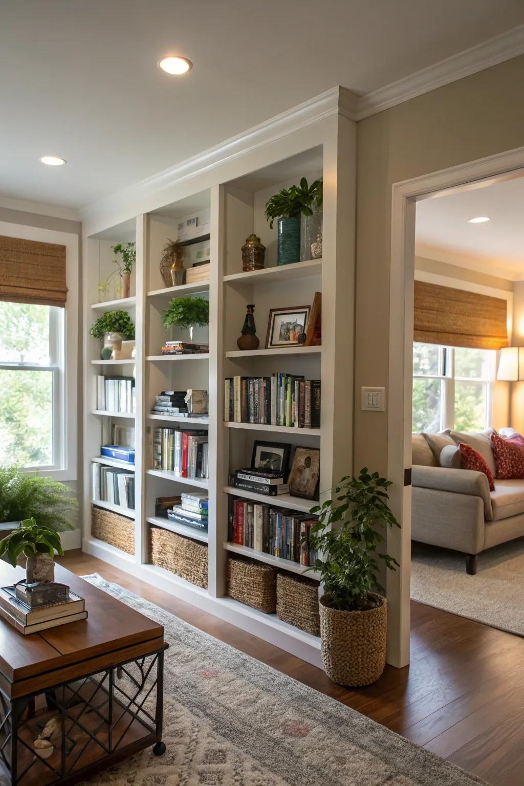 Tall shelving units making efficient use of vertical space.