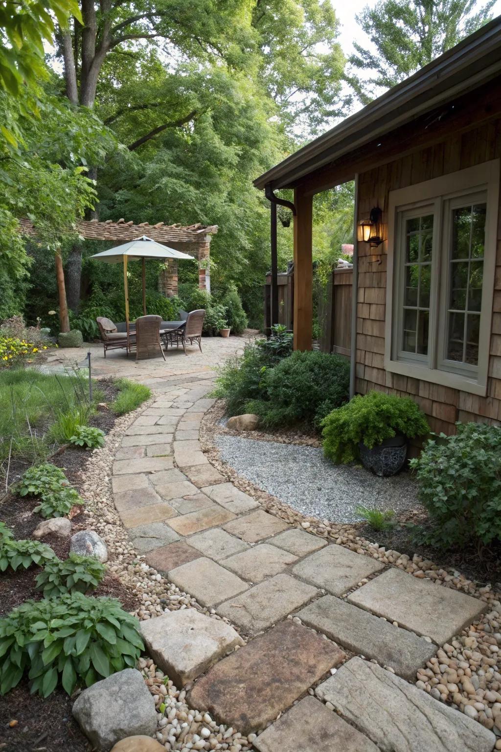 A rustic paver patio featuring gravel, adding charm and affordability.