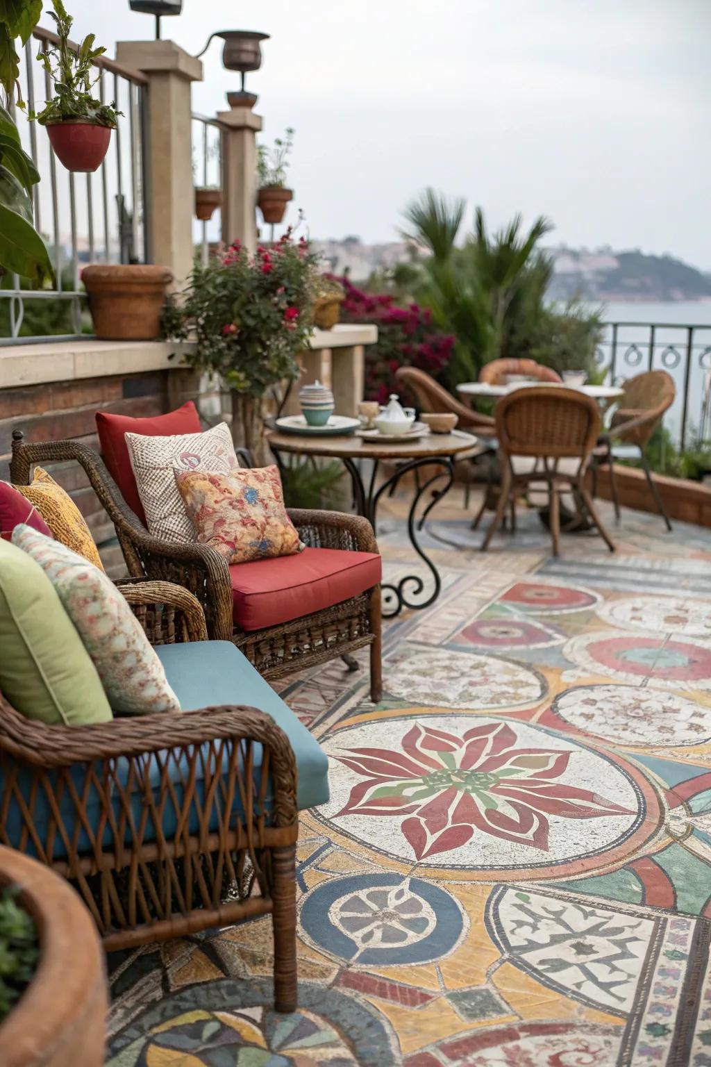Mosaic patterns create a unique and playful patio.