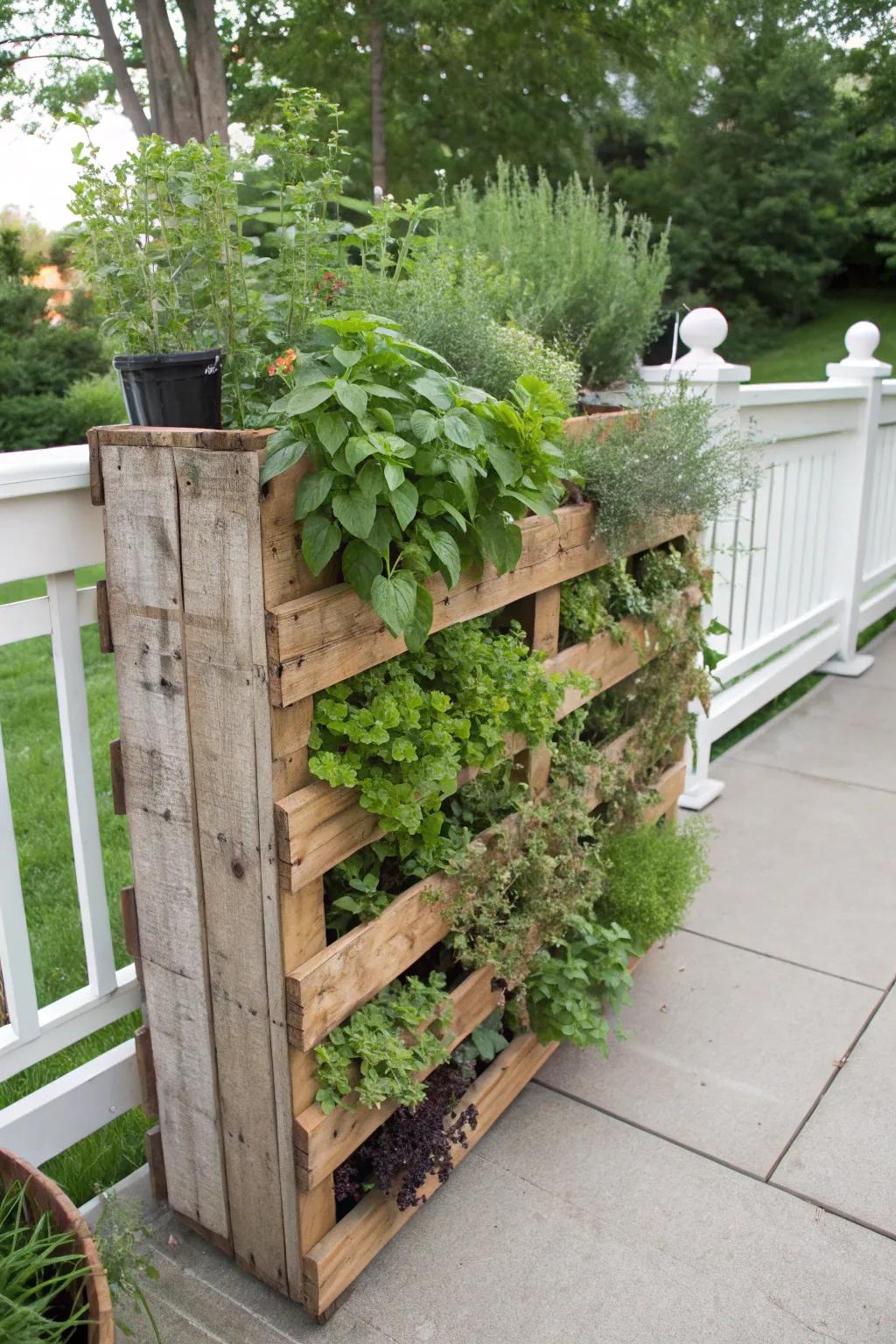 A DIY pallet garden transforms walls into lush green spaces.