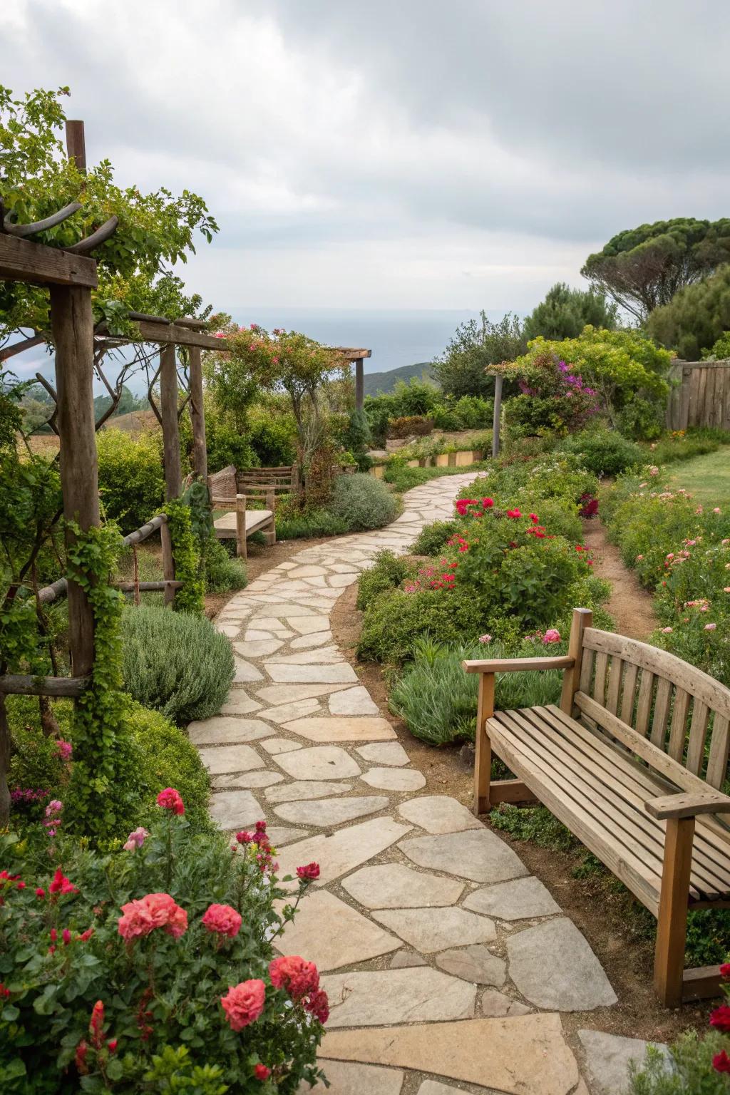 Elements from nature meld harmoniously into the garden's setting.