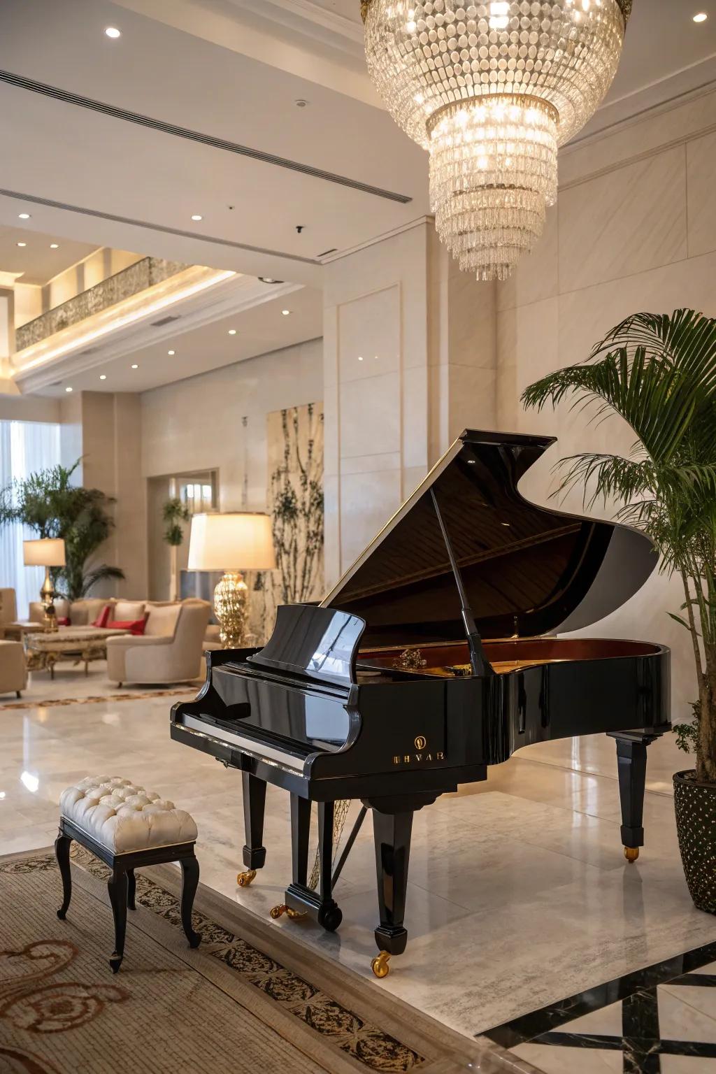 The piano commands attention as the room’s focal point.