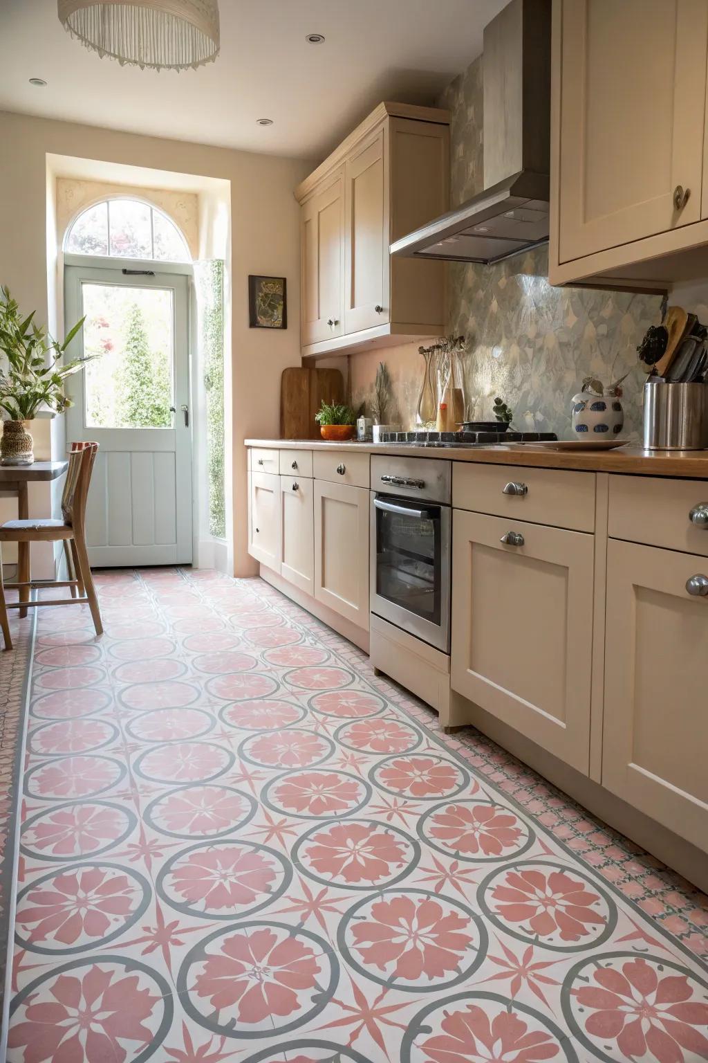 Patterned flooring seamlessly blending rose and grey tones.