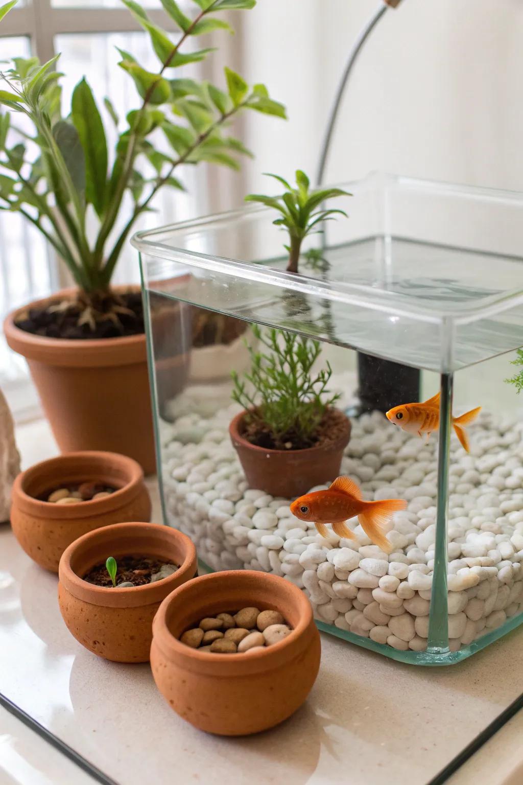 Create a serene underwater sanctuary with submerged terracotta planters, combining natural beauty with minimalist elegance.