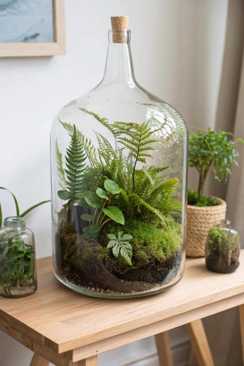 Bring the serenity of a miniature rainforest to your space with this elegant glass bottle terrarium.